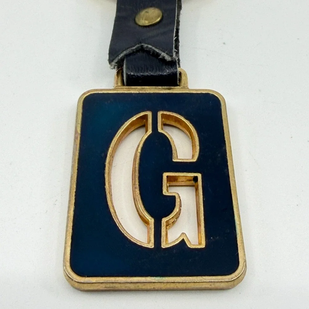 Navy Enamel Pearl Look Initial G Gold Tone Leather Keychain Monogram Bag Charm